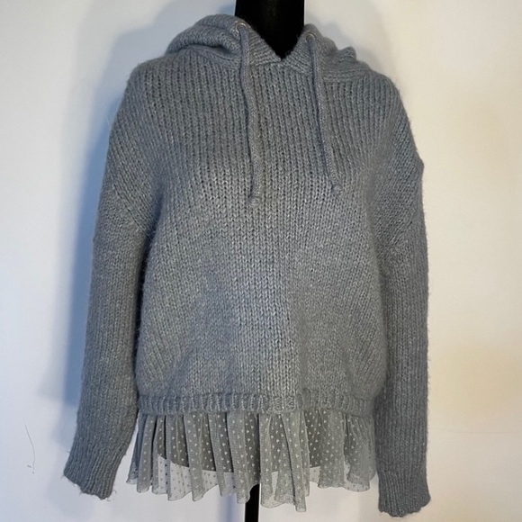Zara Sweaters - Blue Knit Hoodie with Sheer Ruffle Hem